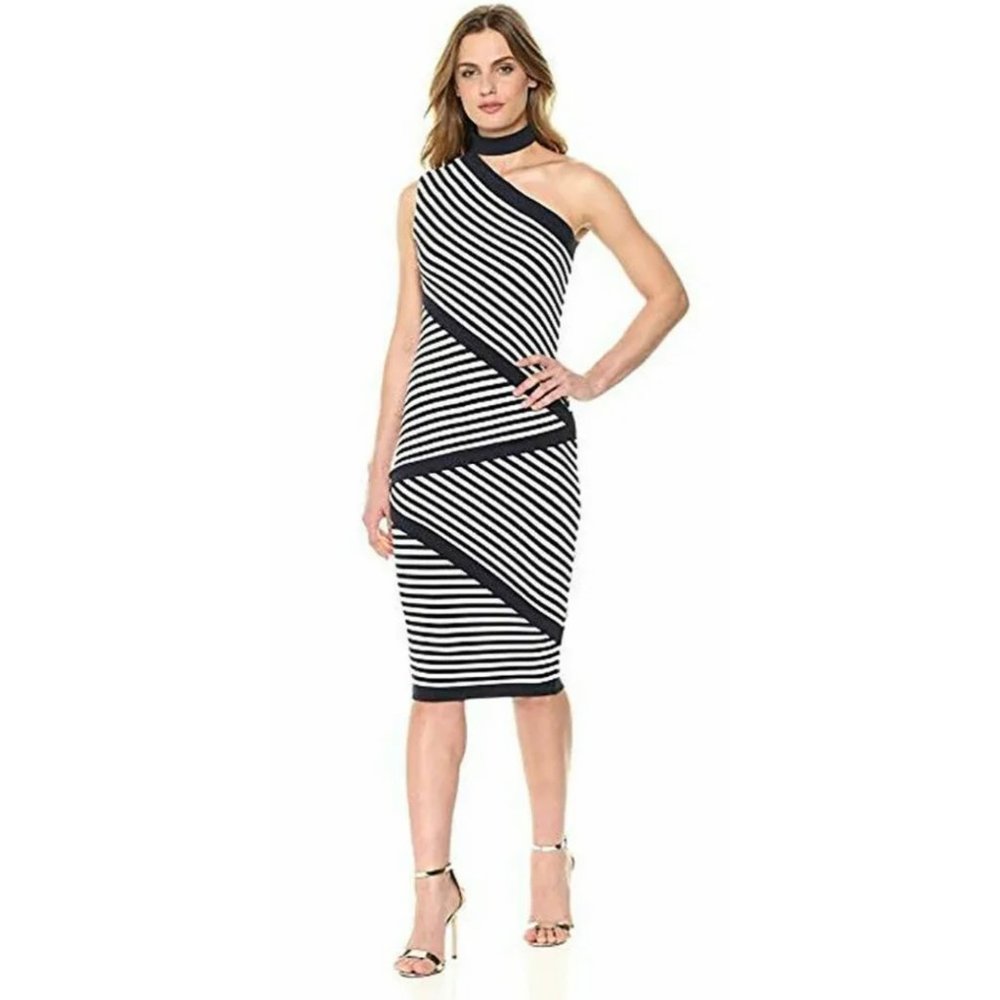 Bailey 44 Climbing Vine Asymmetric Choker Sleeveless Criss Cross Stripe Dress S‎
